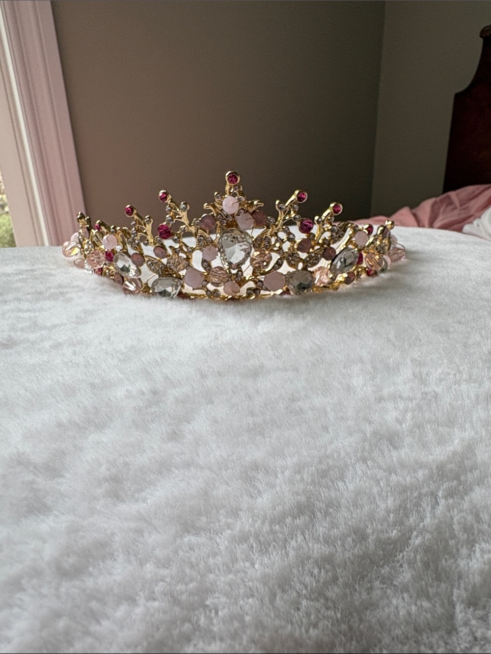 Gold Leaf Pink Crystal Tiara Crown